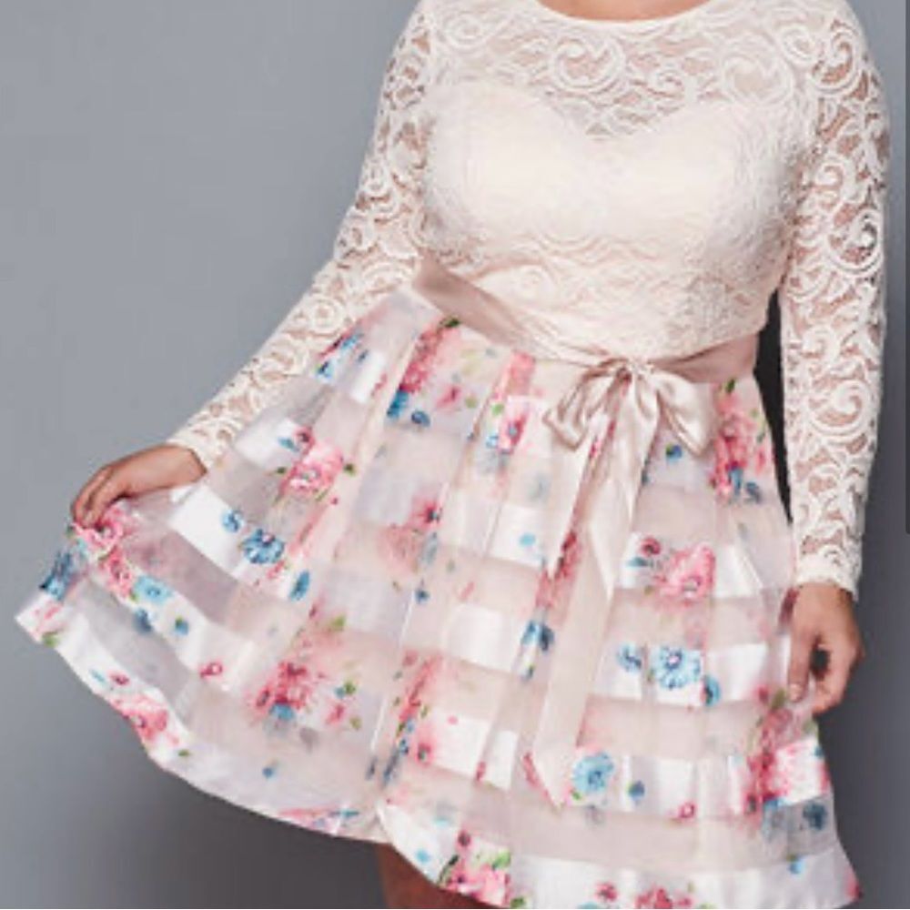 Teeze Me blush pink open lace overlay floral long lace sleeves floral dress